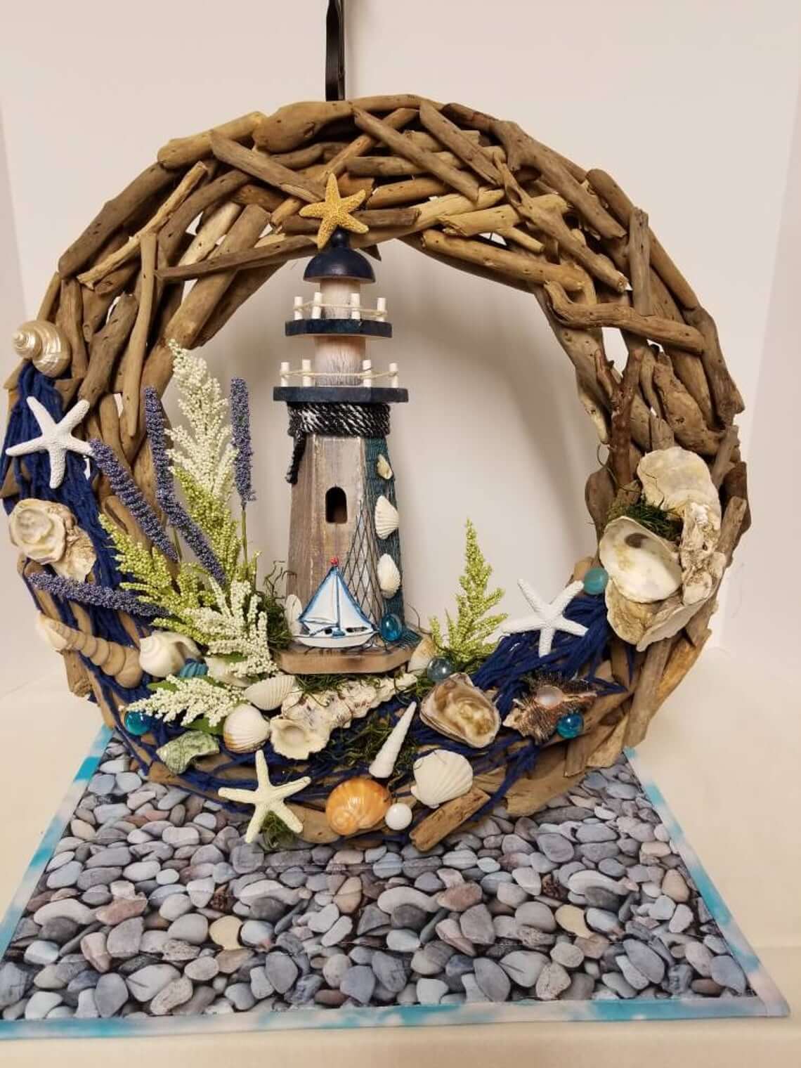 Nautical Lighthouse, Driftwood, and Seashell Wreath