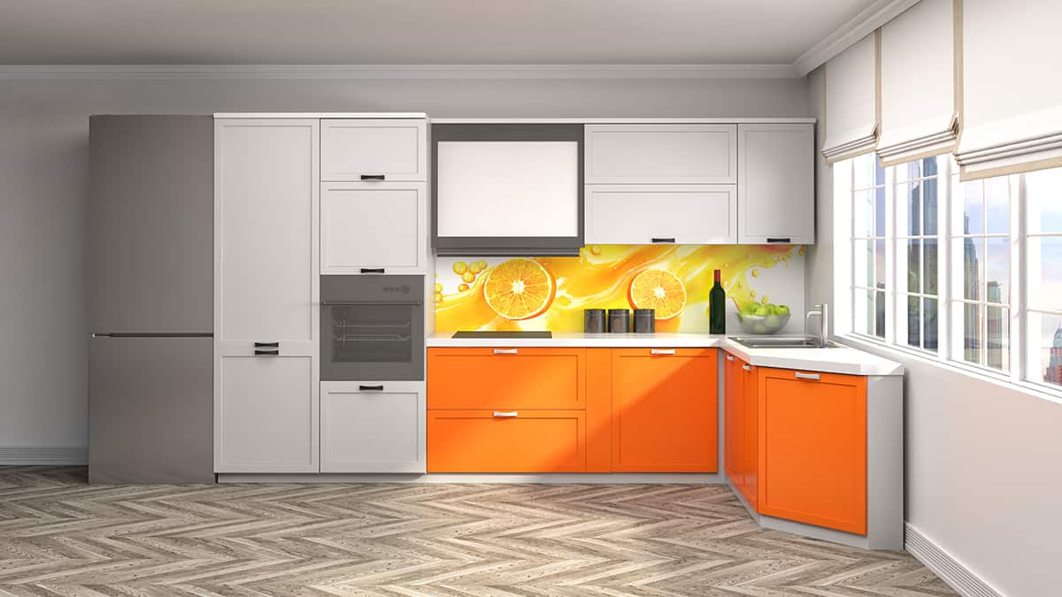Orange kitchen cabinets and gray floors