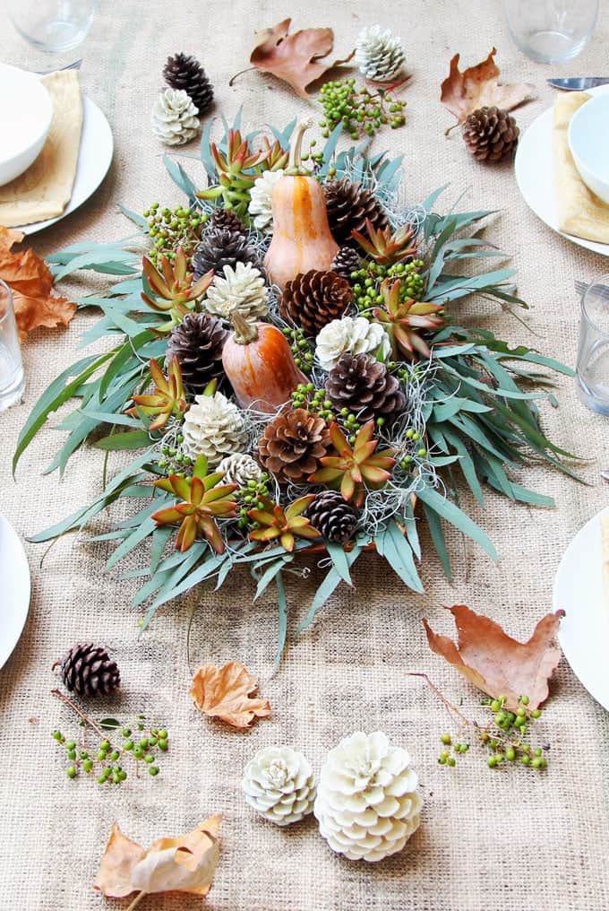 Pinecone, Gourd, and Grass-Filled Tray - Thanksgiving Centerpiece Idea