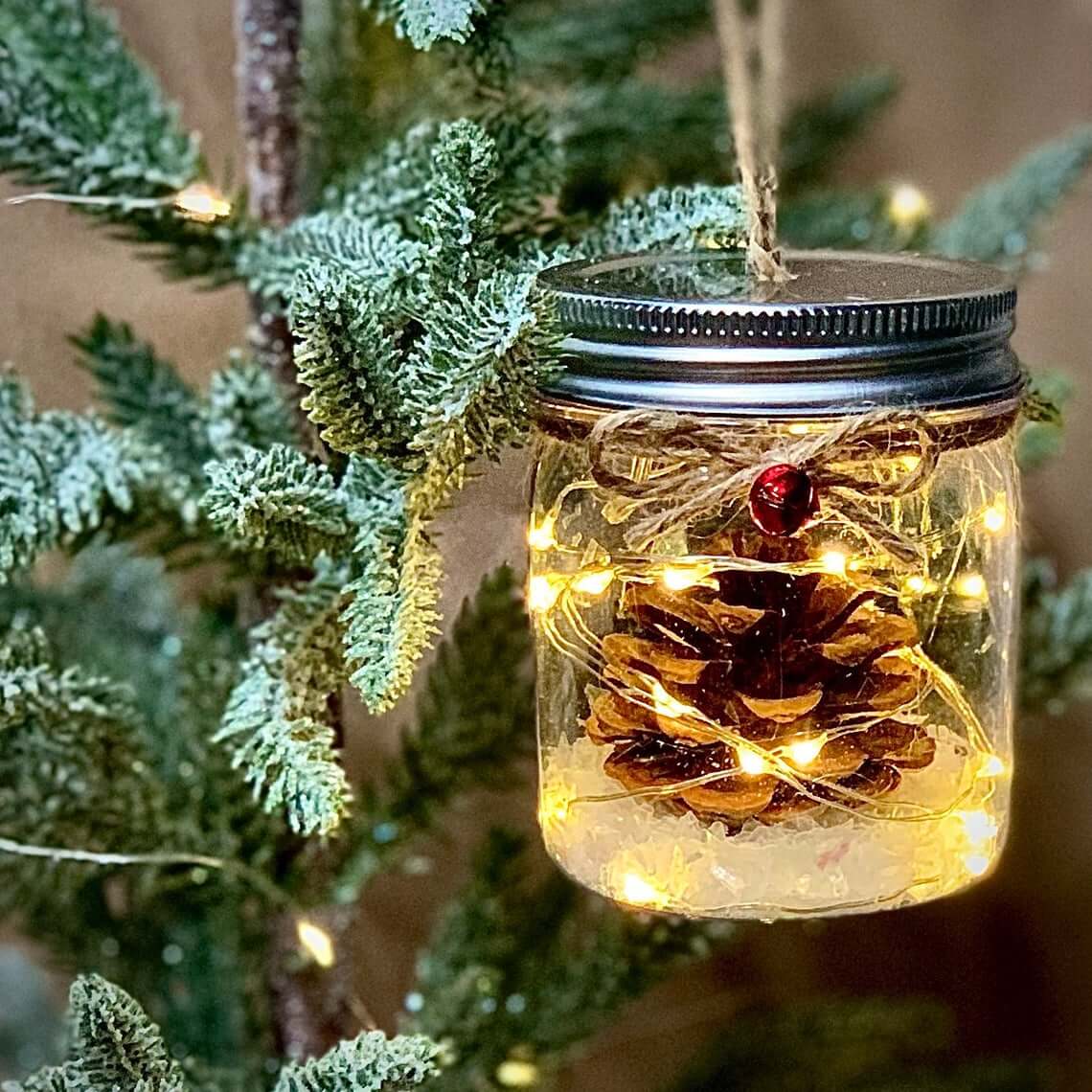 Miniature Mason Jar pinecone Ornaments with Lights