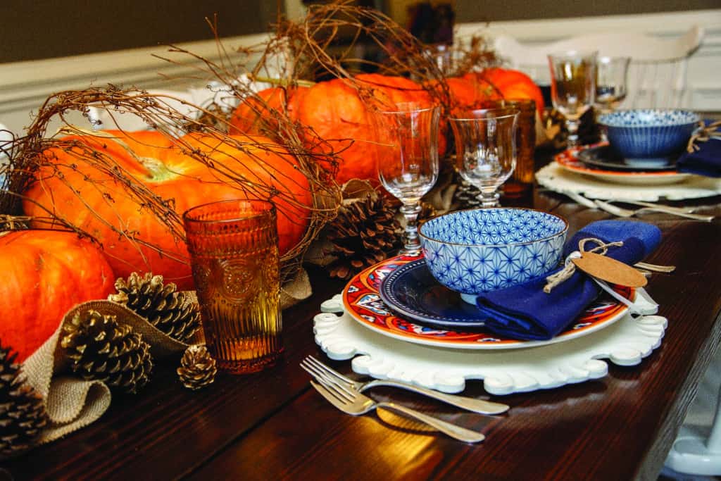 Branch Wrapped Pumpkins and Pinecones Thanksgiving Table Decor