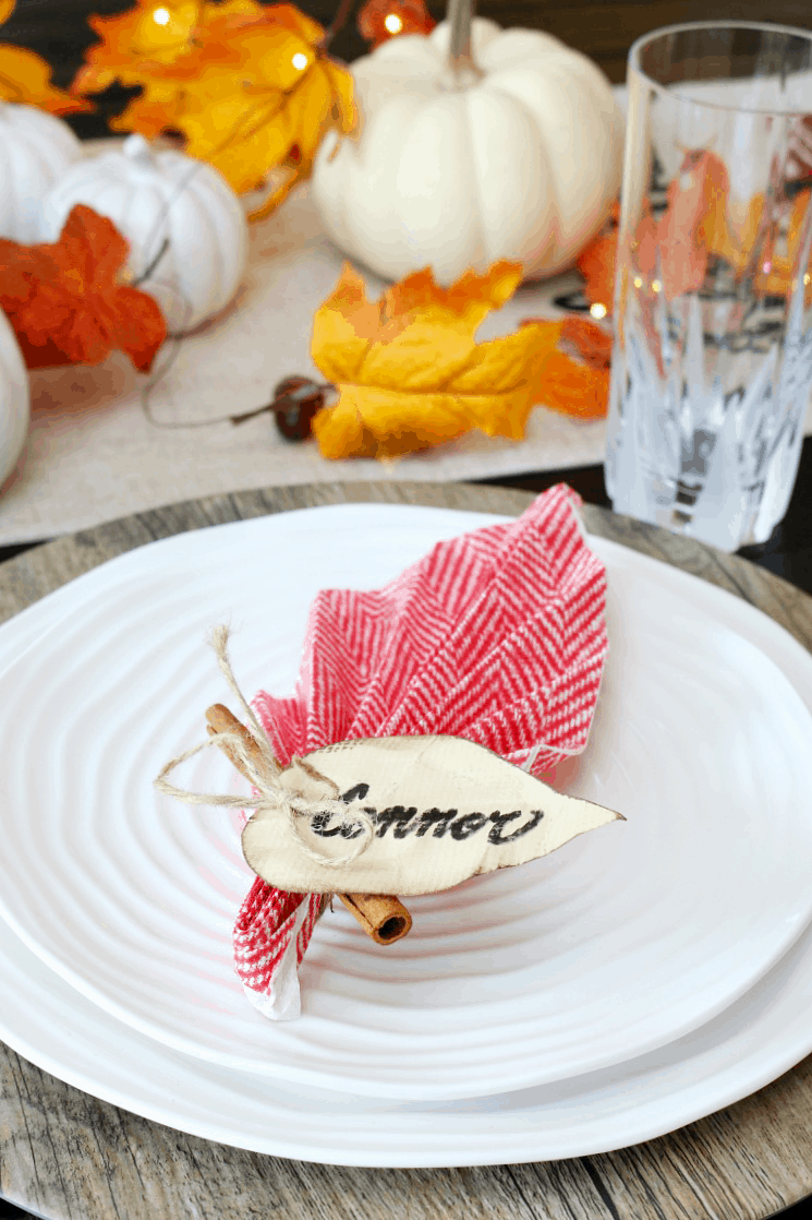 Easy Leaf Folded Napkin and Name Cards - Thanksgiving Table Decor Idea