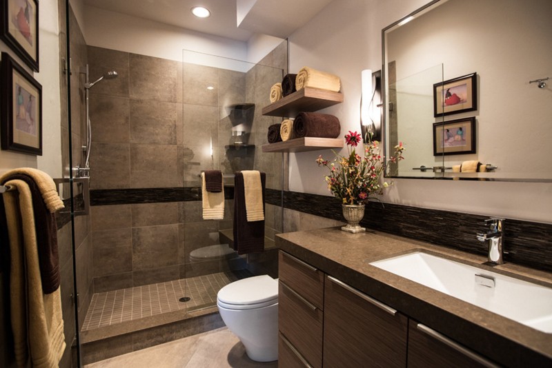 20 Gorgeous Bathrooms With Wooden, Modern Bathroom Shelves Design