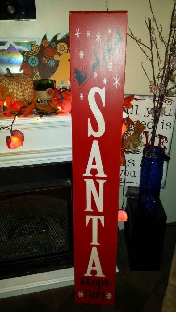 Santa Stops Here Vertical Wood Sign