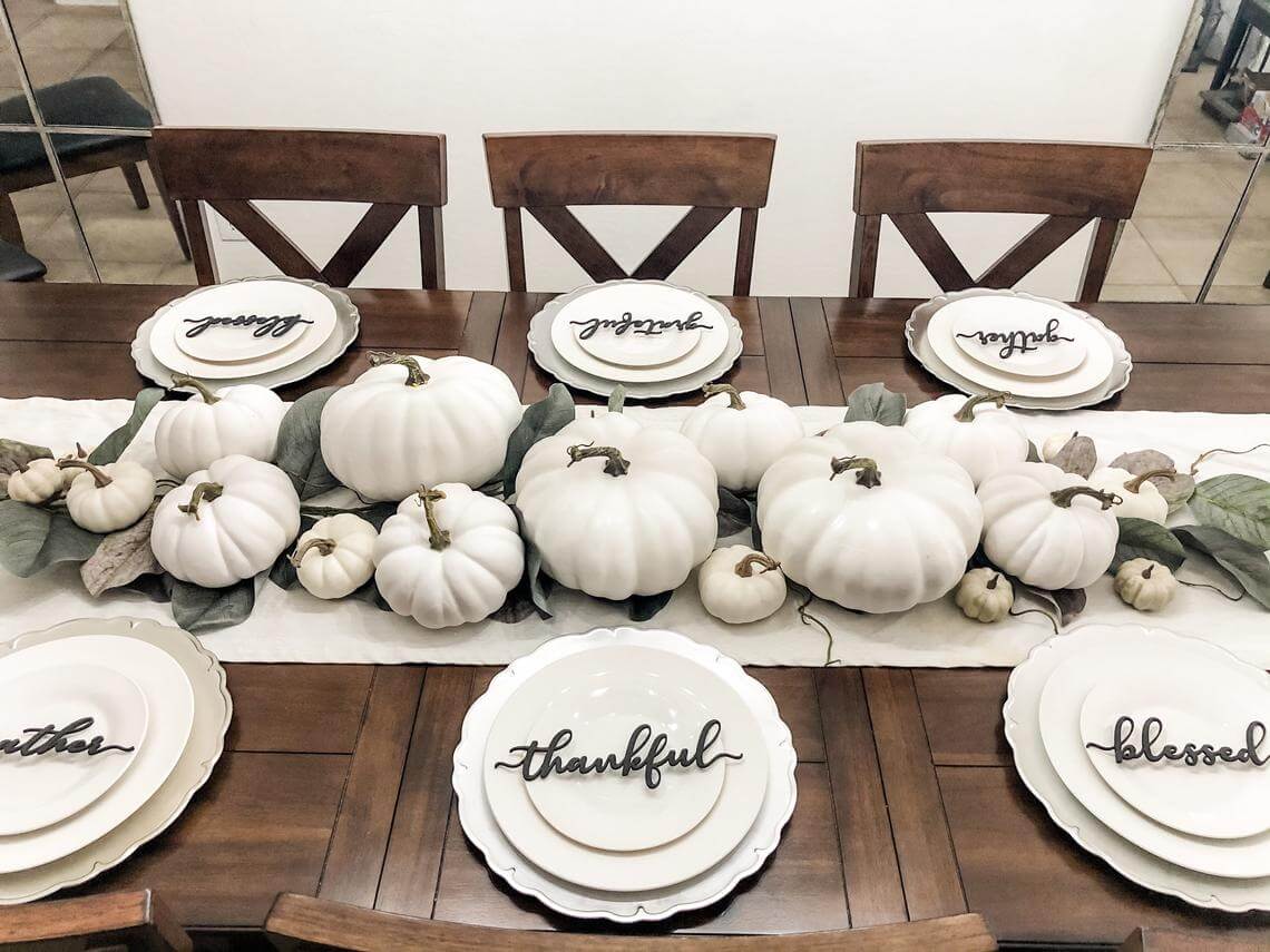 Gather, Thankful, & Blessed White Pumpkin Tablescape