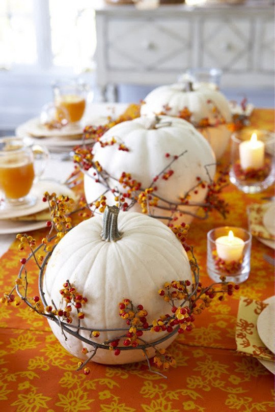 White Pumpkins With Wrapped Branches Thanksgiving Table Centerpiece