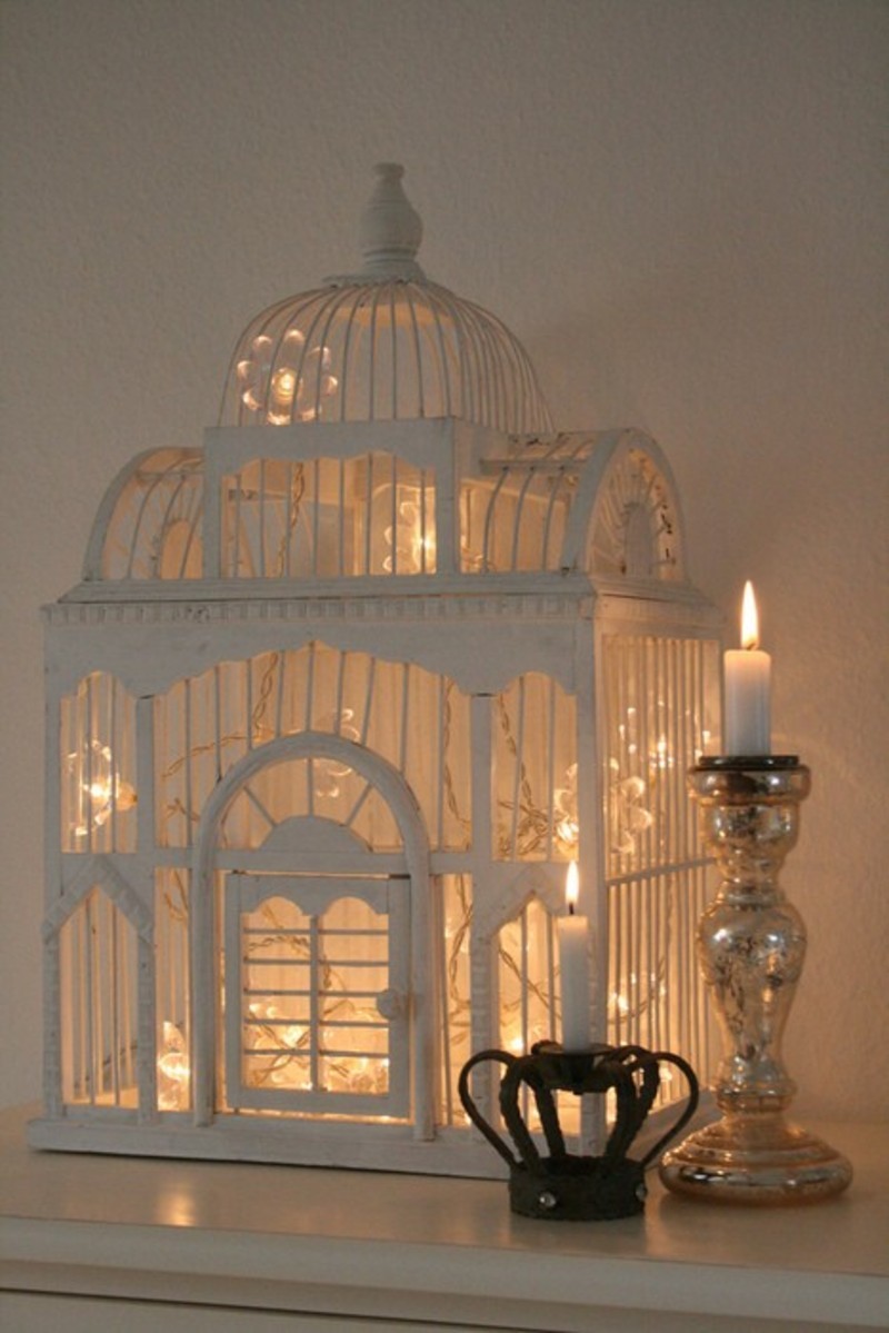 White Birdcage with Flower Lights