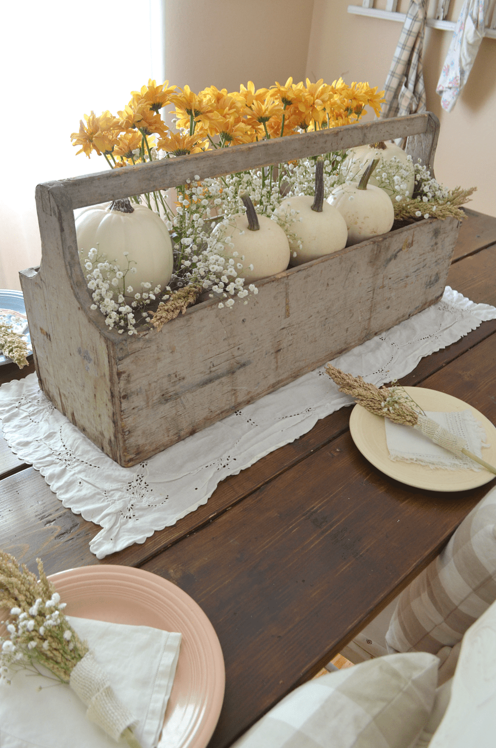Wooden box with pumpkins and flowers thanksgiving centerpieces