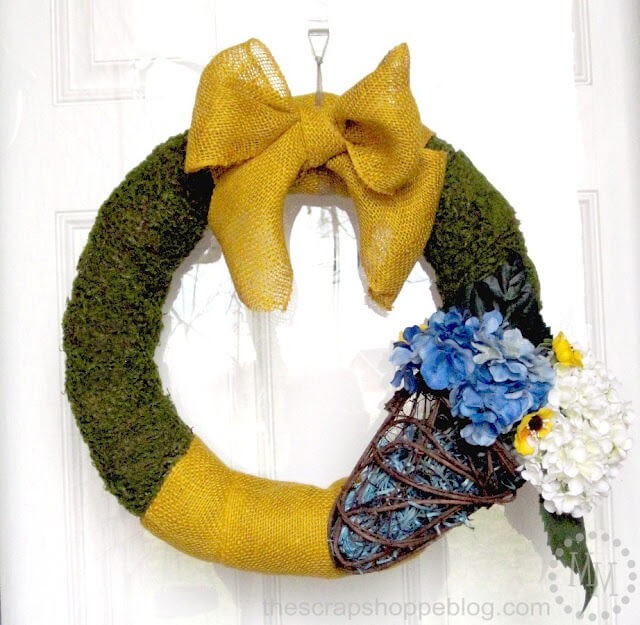 Moss Ribbon and Burlap Bow Wrapped Wreath
