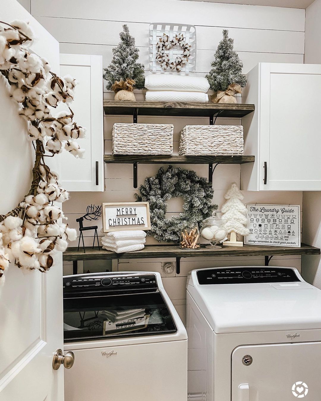 Christmas Laundry Room with Mini Flocked Evergreen Trees via @my.blessed.home