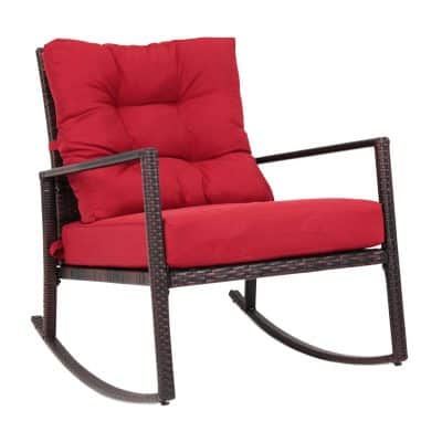 Kinbor Rattan Rocker Chair Outdoor Garden Rocking Chair Wicker Lounge wRed Cushion