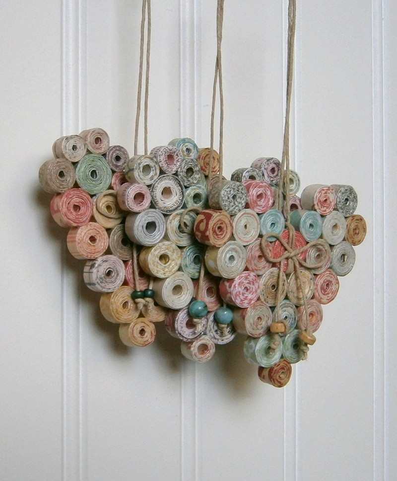 Hanging Heart Ornament - Handmade Magazine Paper Decor