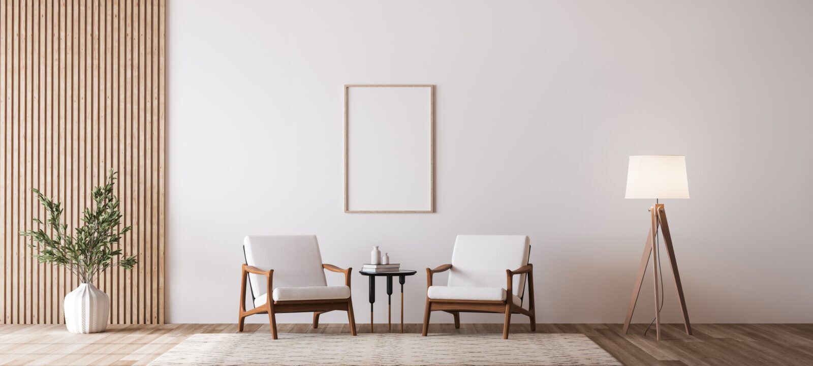 two wooden chairs on white wall