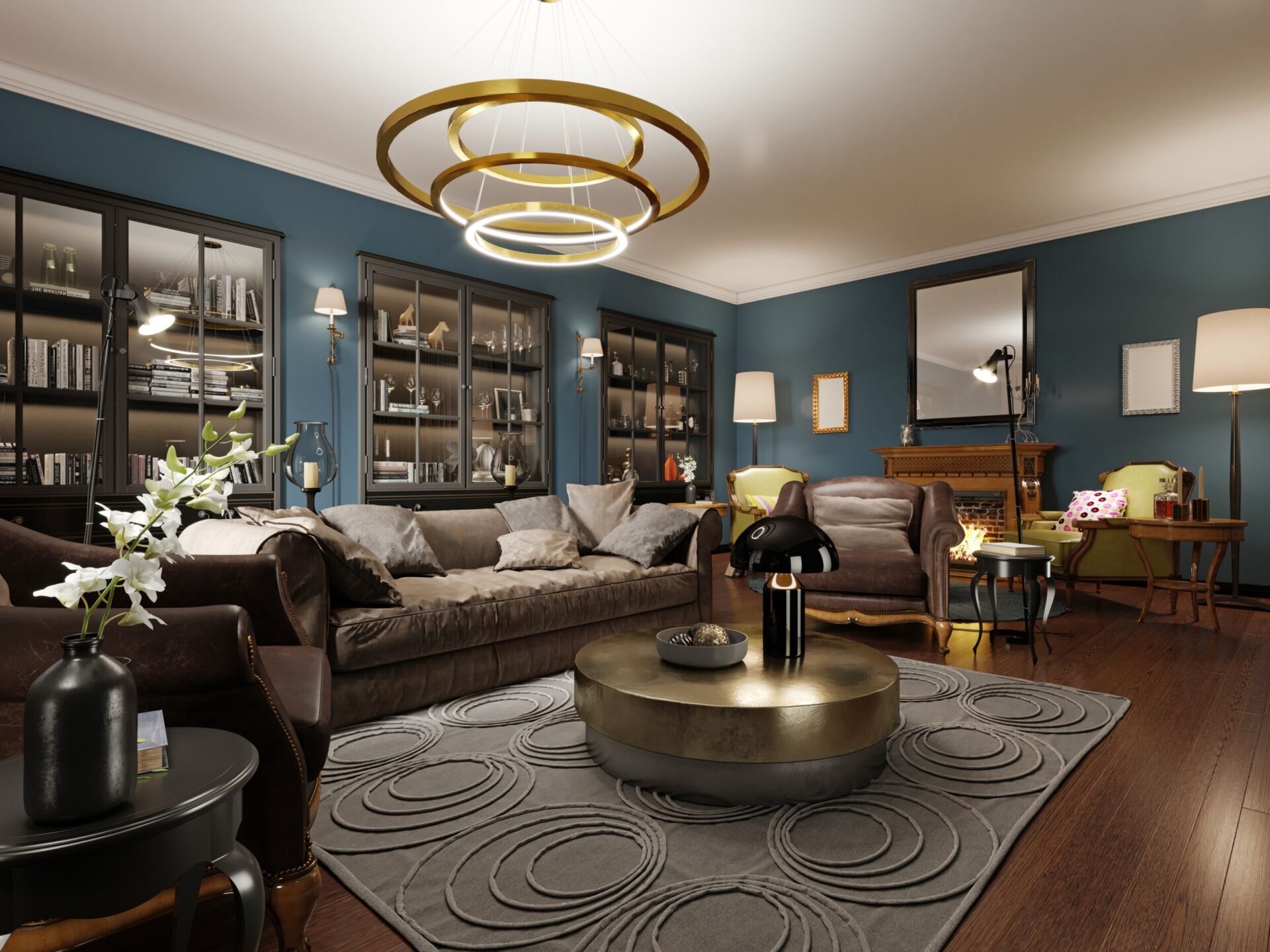 modern eclectic living room in dark colors