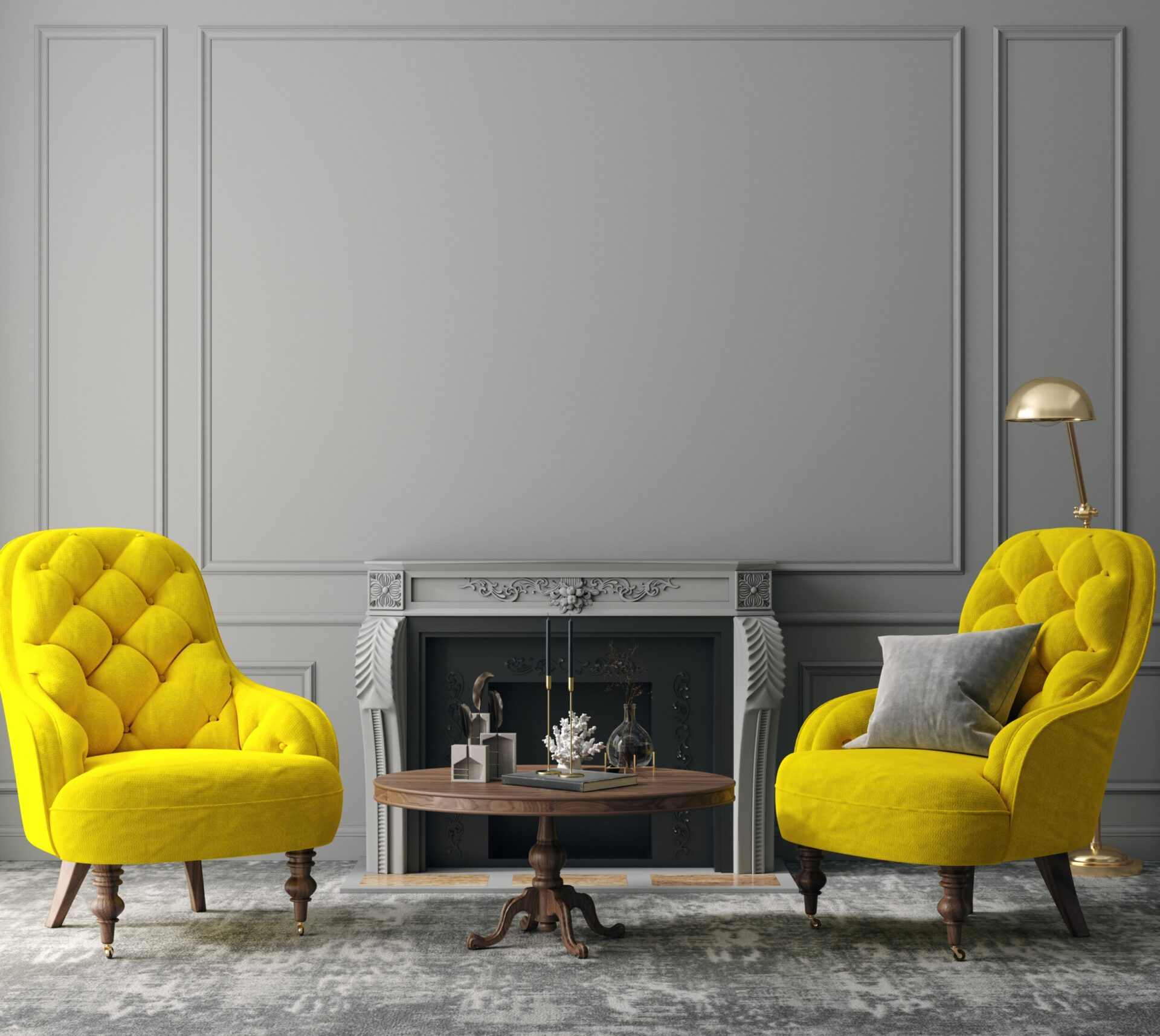 Elegant dark grey interior with bright yellow armchairs
